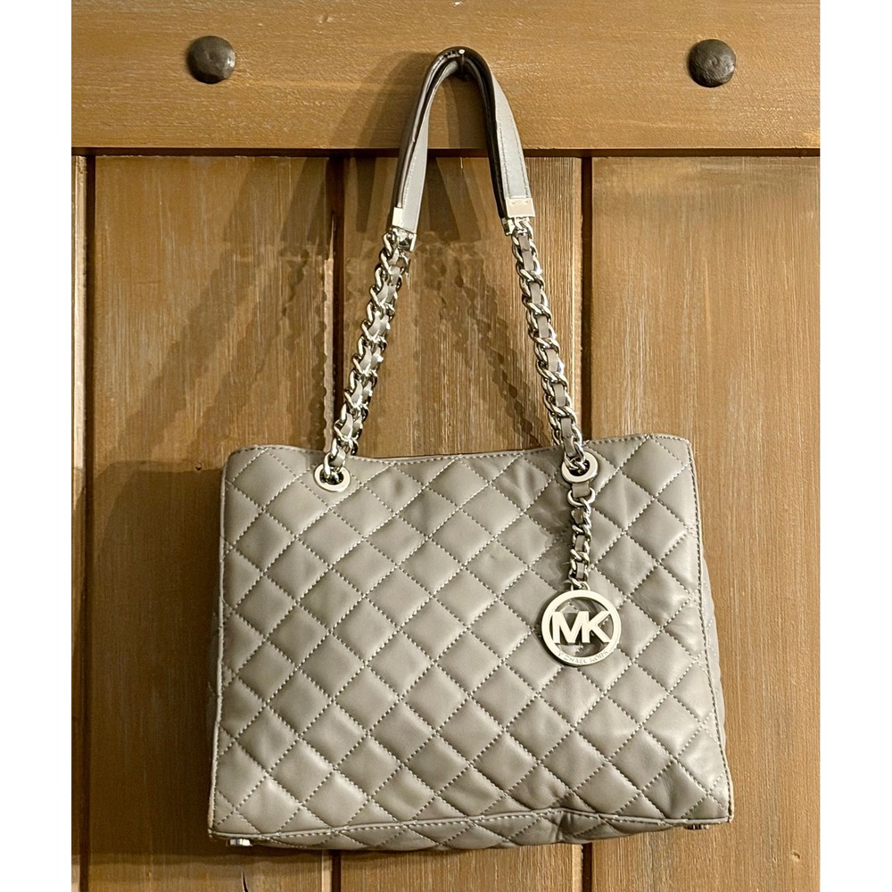 Michael Kors Susannah Quilted Leather Tote Bag Grey Silver Hardware Shoulder Bag